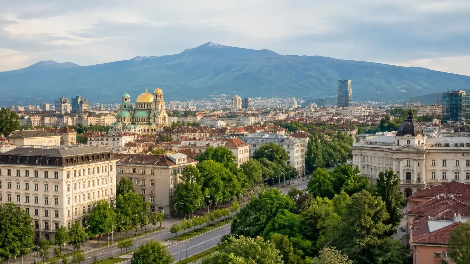 Sofia cityscape with the Vitosha ridge behind it
