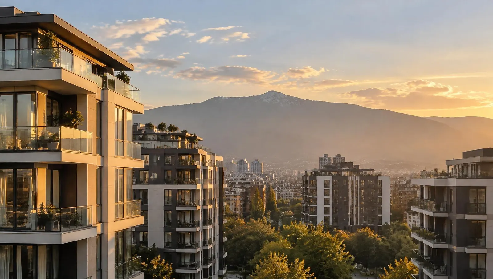 Moderne Architektur in Sofia mit dem Witoscha-Gebirge zur goldenen Stunde