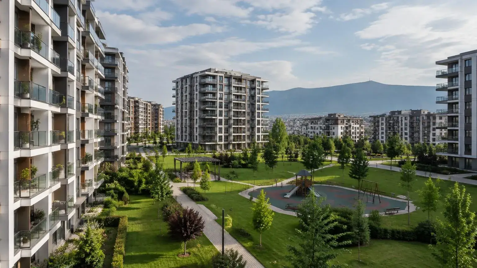 Ein großes modernes Wohngebiet mit Grünflächen, das Mladost, Sofia, repräsentiert