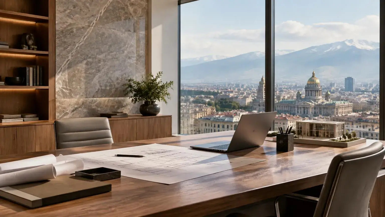 Property professional workspace with drawings and a view over Sofia